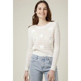 Pull Fin Ajouré avec Petites Fleurs Brodées - Blanc Cassé