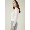 Pull Fin Ajouré avec Petites Fleurs Brodées - Blanc Cassé